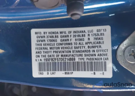 2013 Honda Civic Lx from USA, damaged, VIN 19XFB2F57DE214869